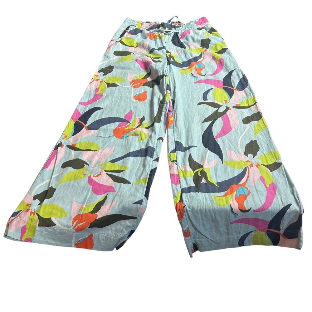 A New Day Wide Leg Pants Medium Blue Floral Linen Blend Tropical Drawstring - Picture 5 of 7